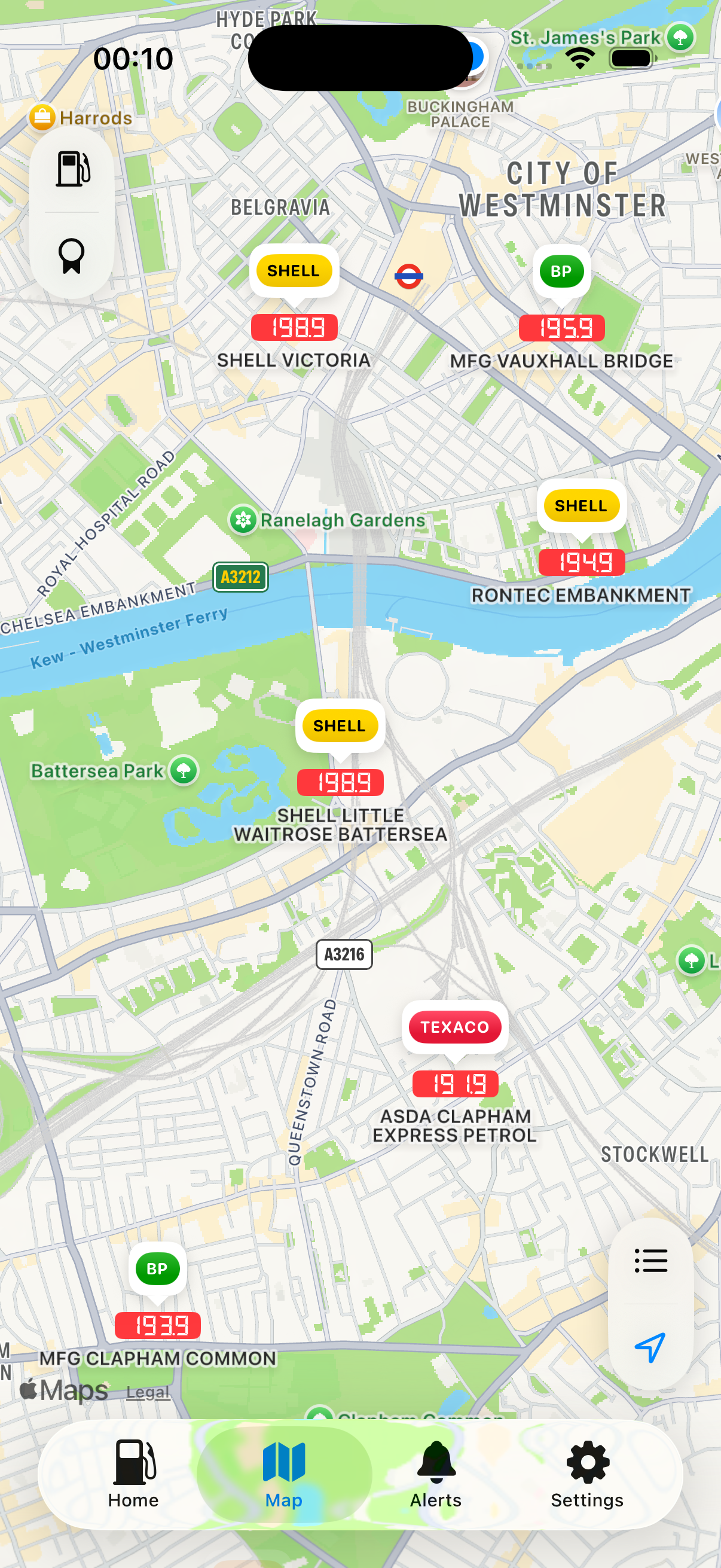 Fuelsy map with live fuel prices pinned across London